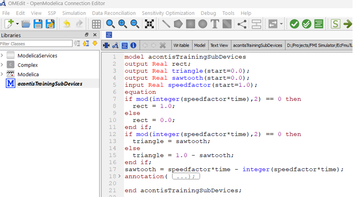 Screenshot of OMEdit Editor with the sawtooth code