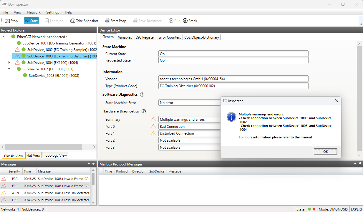 A SubDevice with an error on one port and a warning on the other, and the instructions EC-Inspector derives from them.