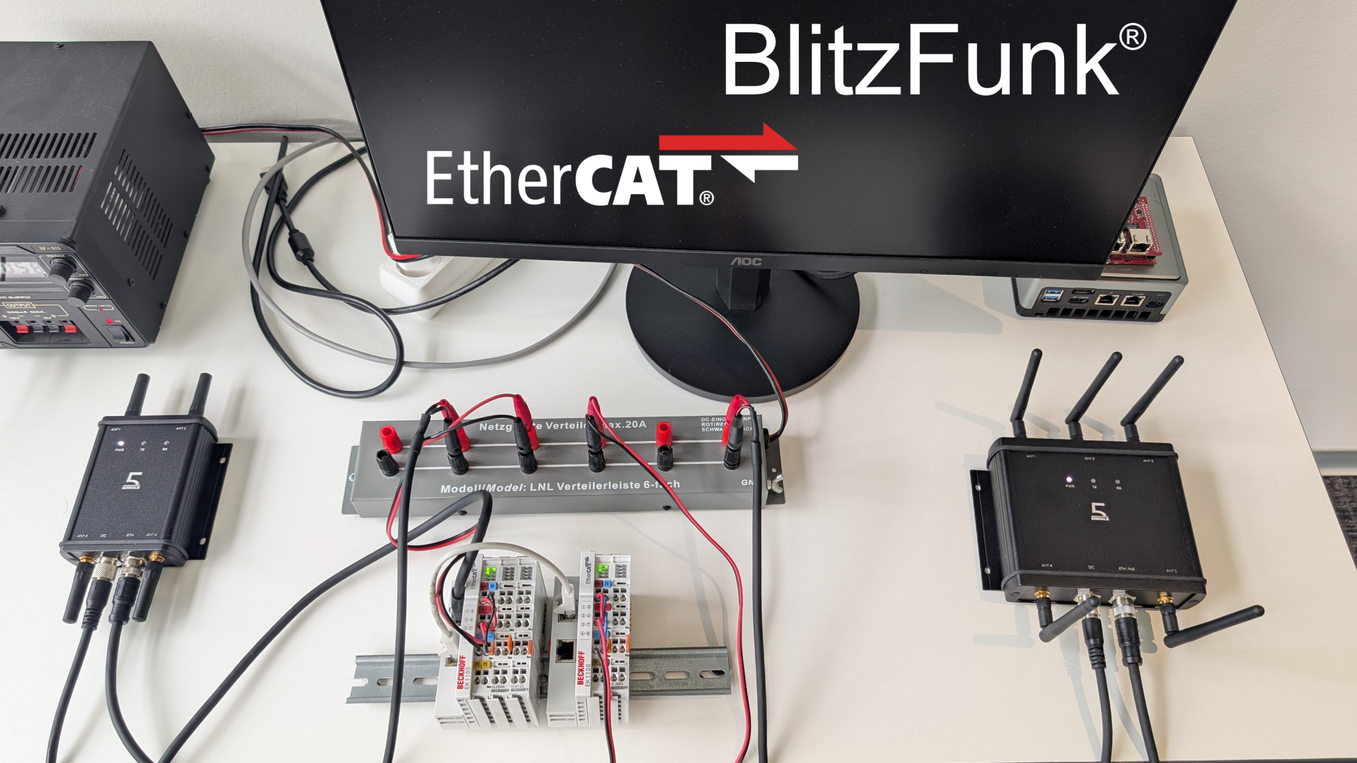 Test setup: EC-Master on a PC with Intel I210 NIC, a Beckhoff EK1100/EL-series SubDevice stack, and a pair of Blitzfunk radios (6 GHz, channel-tested) bridging the EtherCAT link.